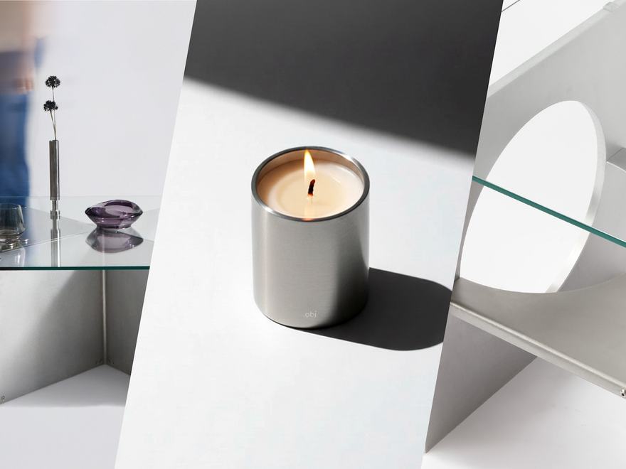 Triptych showing a glass table with decor, a lit candle in a metal cup, and a glass shelf.