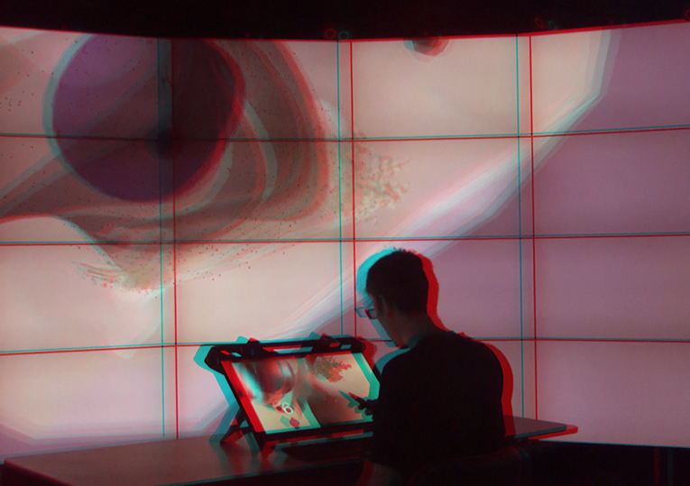 Stereoscopic Space Map connecting two stereoscopic displays – CAVE2 at Monash University and zSpace – via server-client architecture (Anaglyph Red/Cyan Stereo Image).