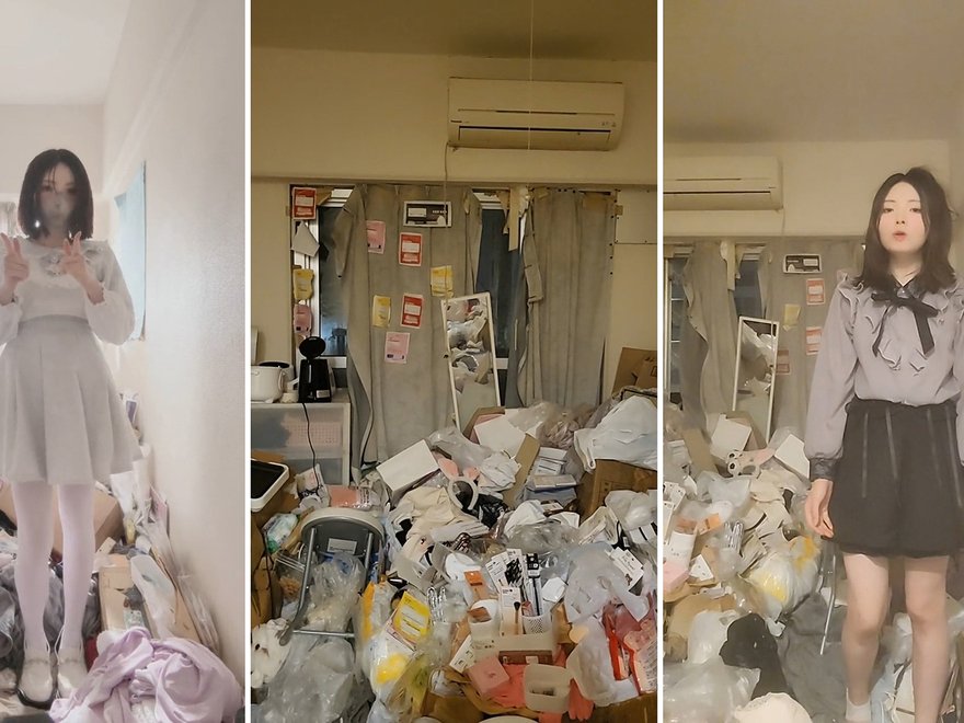 Triptych showing a woman standing in front of a room overcrowded with things.