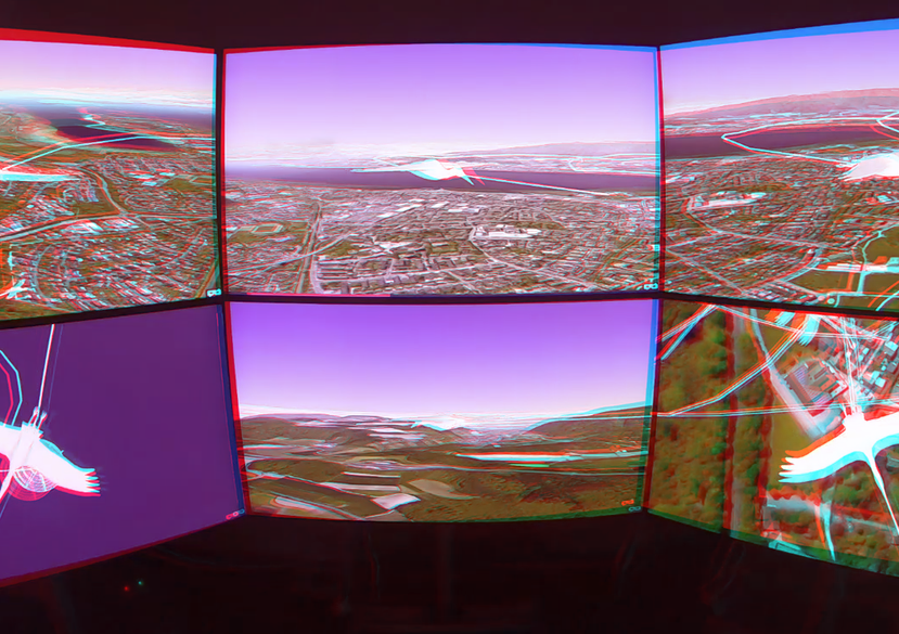 Concept and Setup of Tiled Stereoscopic 3D Display Wall at University of Konstanz, here: Web-based analysis of collective bird behaviour (Anaglyph Red/Cyan Stereo Image).