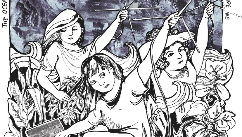 A black and white illustration depicts three women in a natural setting with plants and clouds in the background.