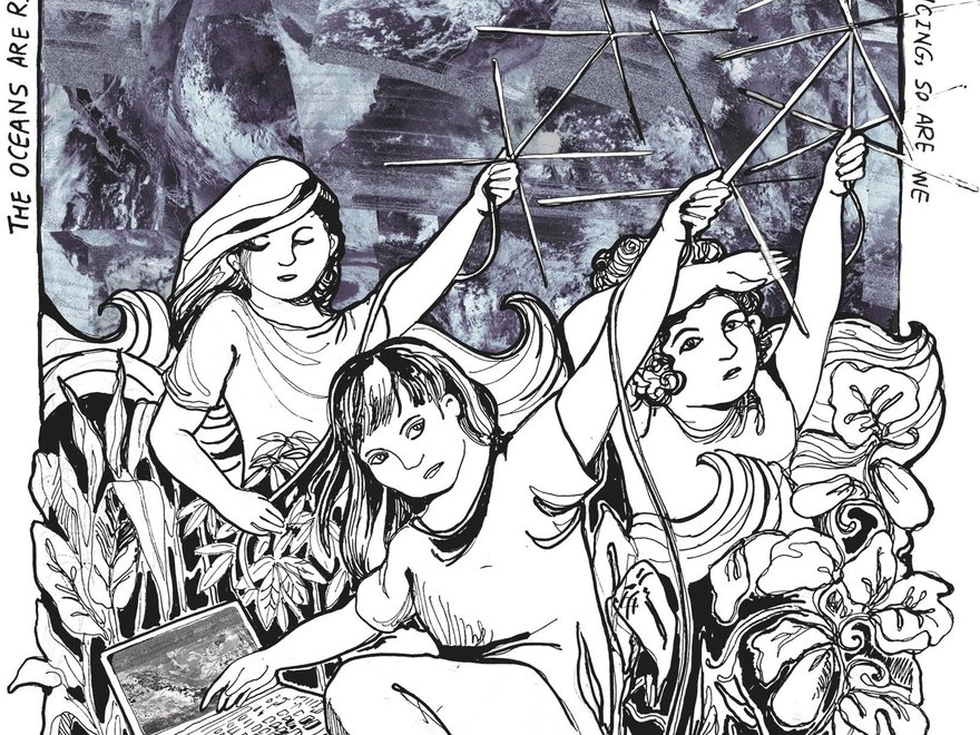 A black and white illustration depicts three women in a natural setting with plants and clouds in the background.