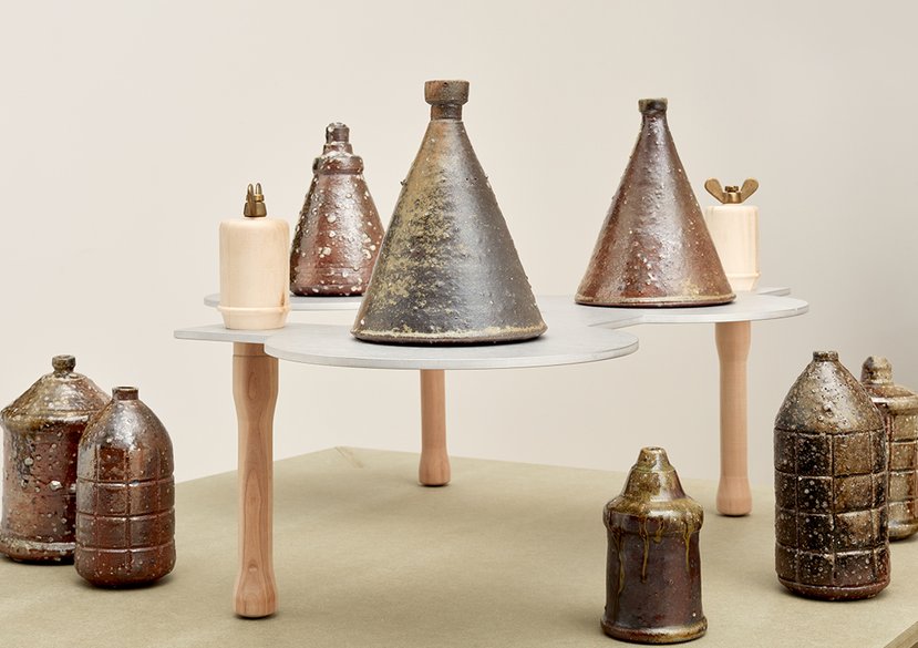 Detail of Mines, Bombs and Spirits (laser cut aluminium, turned Ukrainian ash, wood fired ceramic, gunpowder tea), Lacrimosa, Sadie Coles HQ, Bury Street, London. 2022.