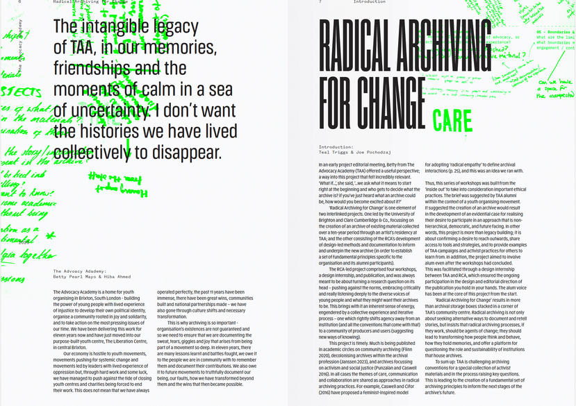 Publication.  Project: Radical Archiving for Change: The Advocacy Academy.  Project Team: Teal Triggs and Joseph Pochodzaj with alumni from The Advocacy Academy, Brixton South London (2026)