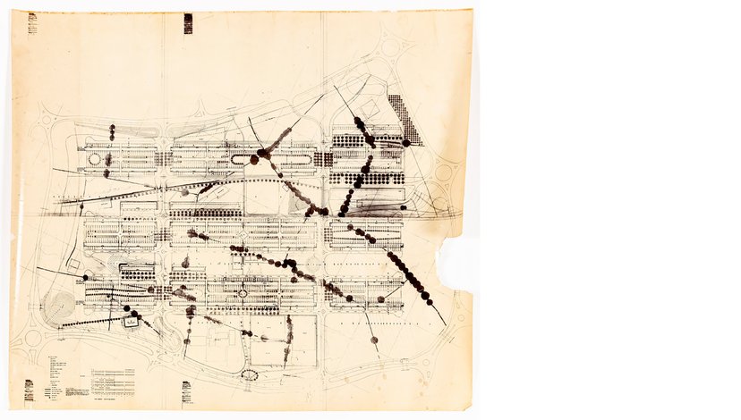 A monochrome architectural drawing, showing relationship between the architectural grid of and ancient hedgerows