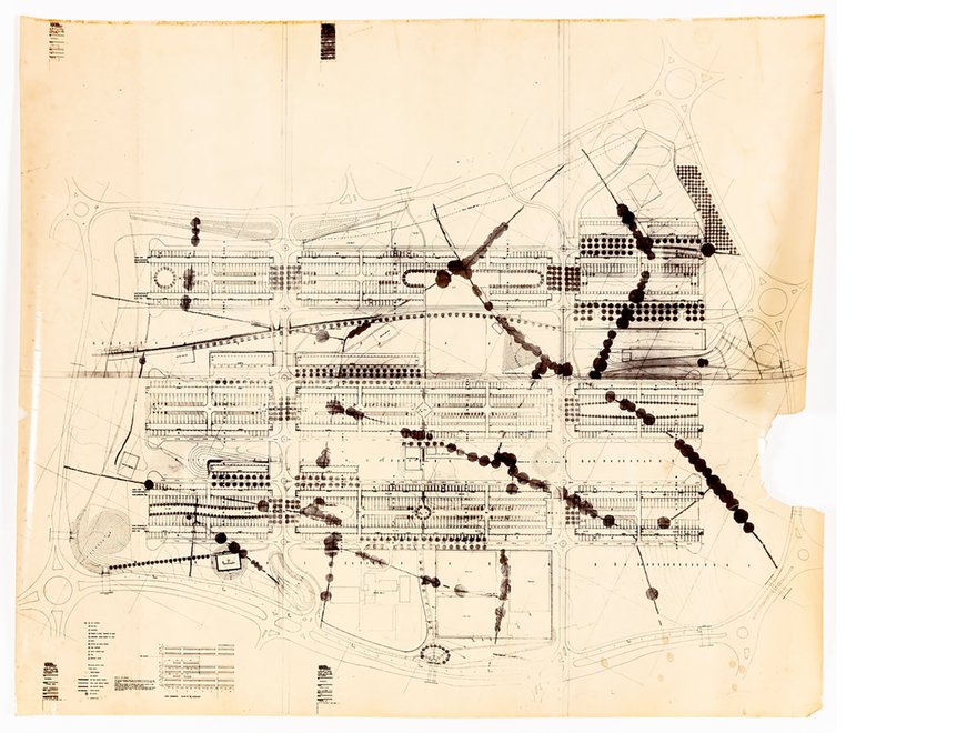 A monochrome architectural drawing, showing relationship between the architectural grid of and ancient hedgerows
