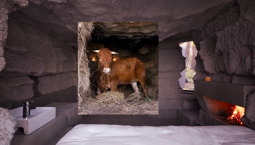 Truffle House, Costa da Morte, by Ensemble Studio. Built by casting concrete around mud and straw, in collaboration with a calf who ate the interior straw casting until the house reached its final form. Left: Paulina the calf eating the interior casting.