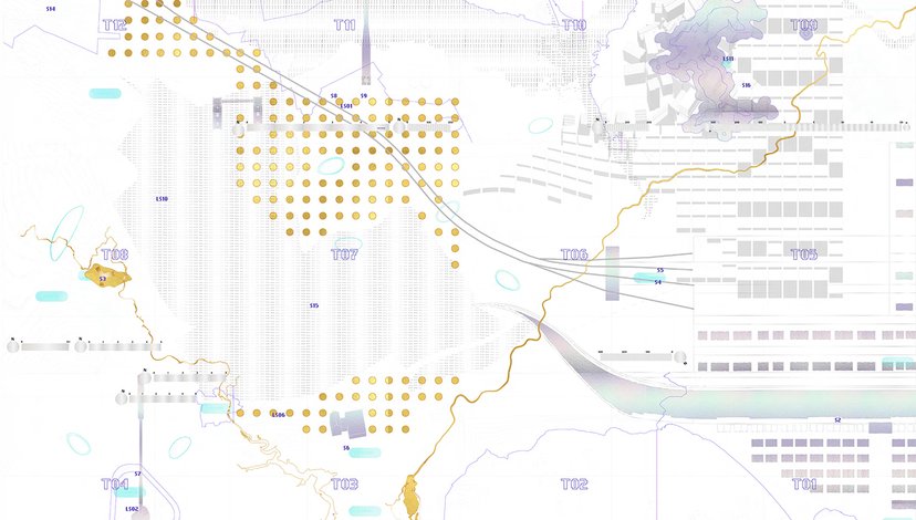 A complex, light-colored map or diagram with various overlaid elements, including patterns of small yellow circles, linear features resembling paths or connections, and areas marked with text labels like 'TOR' and 'EDA.'