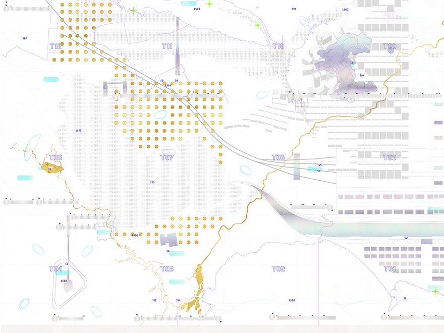 A complex, light-colored map or diagram with various overlaid elements, including patterns of small yellow circles, linear features resembling paths or connections, and areas marked with text labels like 'TOR' and 'EDA.'