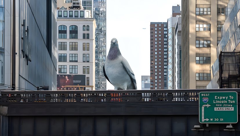 A large, hyperrealistic aluminum sculpture of a pigeon, named "Dinosaur" by artist Iván Argote, perches on a structure resembling the High Line in New York City.