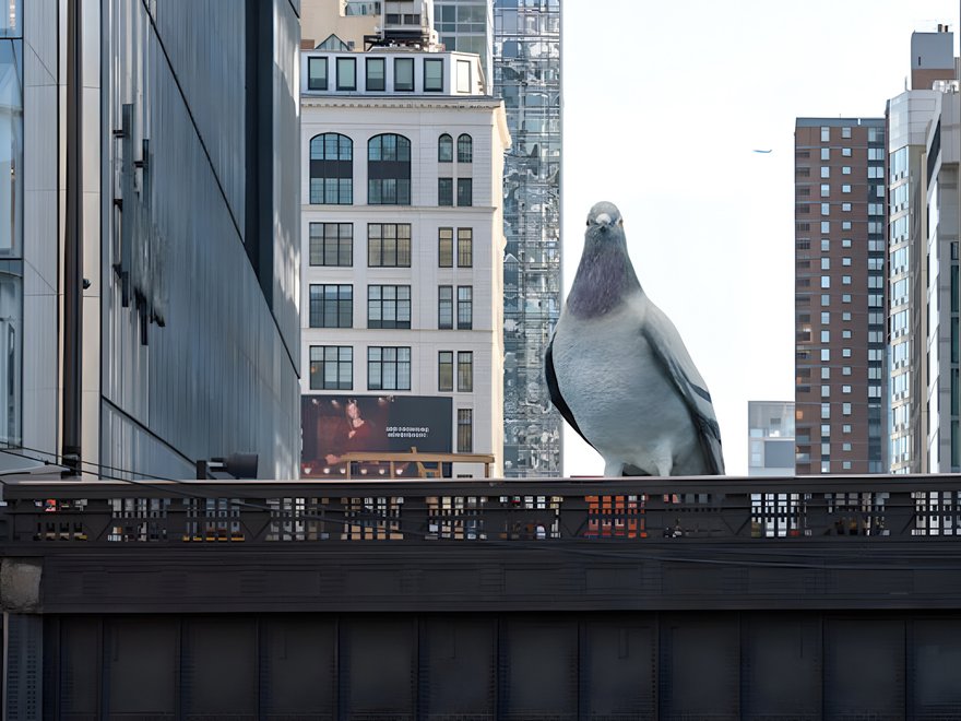 A large, hyperrealistic aluminum sculpture of a pigeon, named "Dinosaur" by artist Iván Argote, perches on a structure resembling the High Line in New York City.