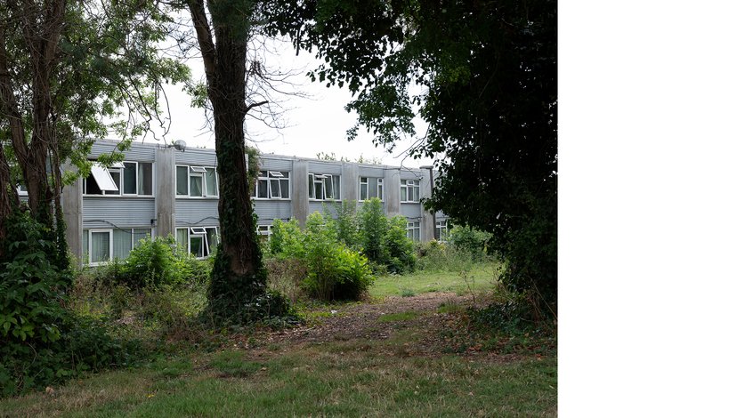 A two-story, light gray building with multiple windows, some open, is partially obscured by trees and overgrown bushes in the foreground and around the structure.