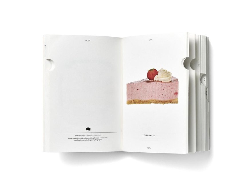 A spread from a book, with an image of a slice of cake