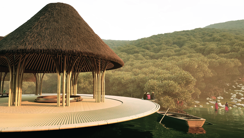 an off-grid cabin, likely a sustainable eco-lodge, inspired by indigenous Brazilian architecture.