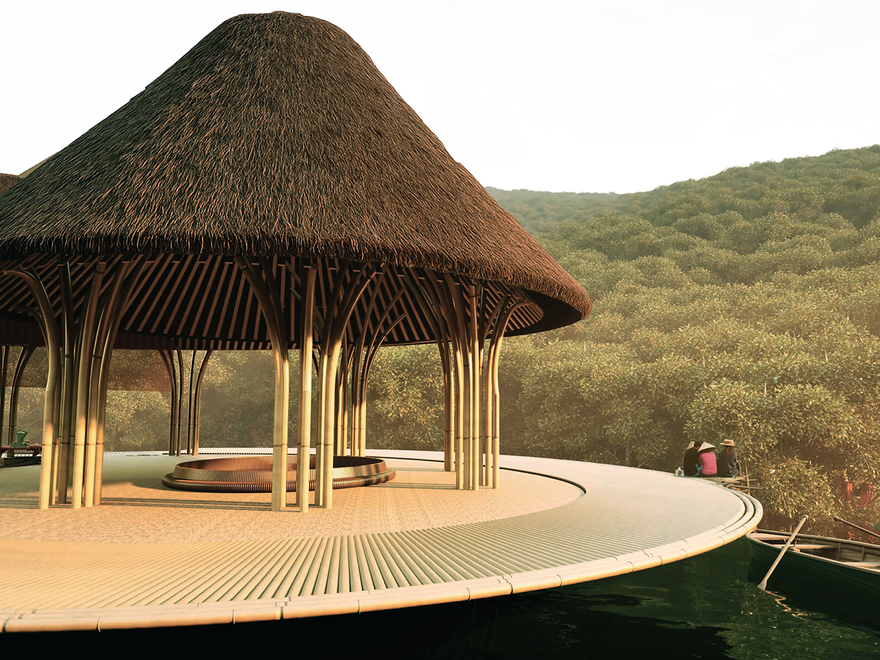 an off-grid cabin, likely a sustainable eco-lodge, inspired by indigenous Brazilian architecture.