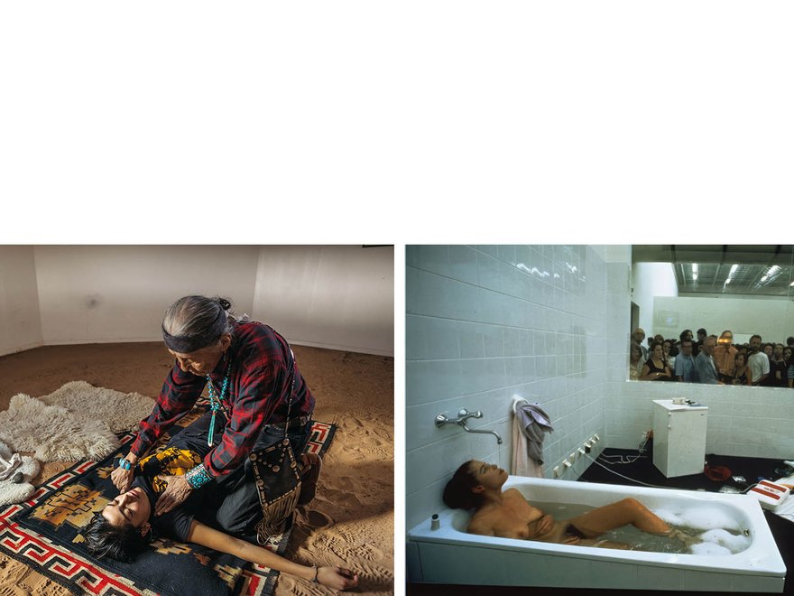 A Navajo healer aattends a paitent lying on the floor; a performance piece featuring a naked woman in a bath.