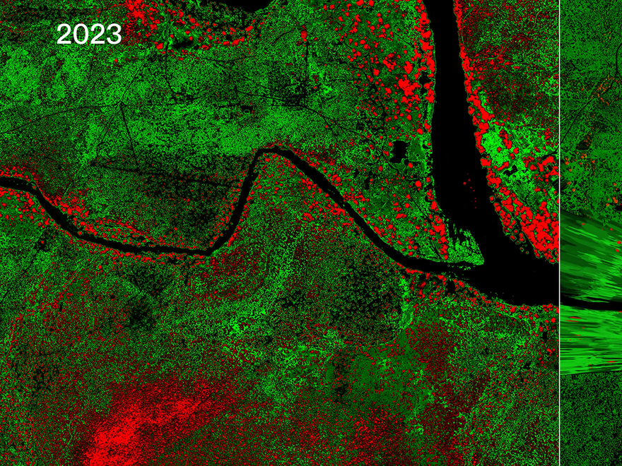 Satellite comparison of a river and its floodplain in 1876 and 2023, showing changes in river morphology and vegetation distribution, with woody vegetation in red and grass and other vegetation in green.