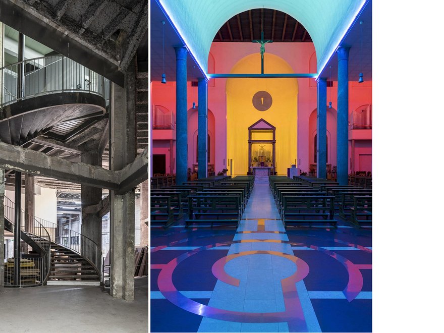 Staircase in Palais de Tokyo, Paris; colourful interior of Santa Maria Annunciata in Rossa Church.