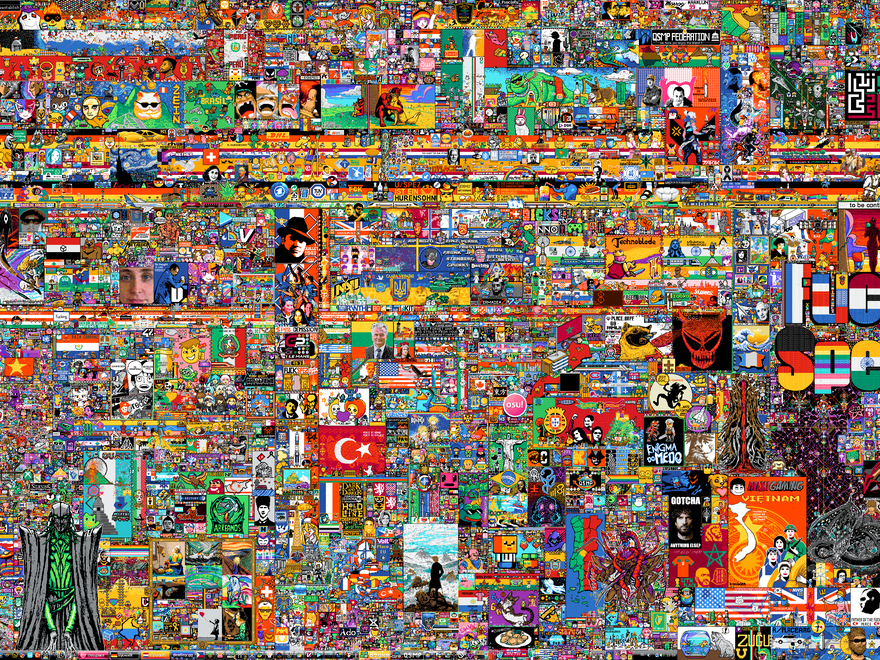 A frantic, multicoloured image comprising densely packed pixelated images, flags, cartoon characters