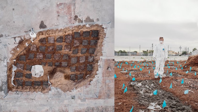 A split image showing on the left a damaged concrete wall revealing a grid of rebar, and on the right, a person in a white hazmat suit standing in a field with numerous small blue flags marking areas on the ground.