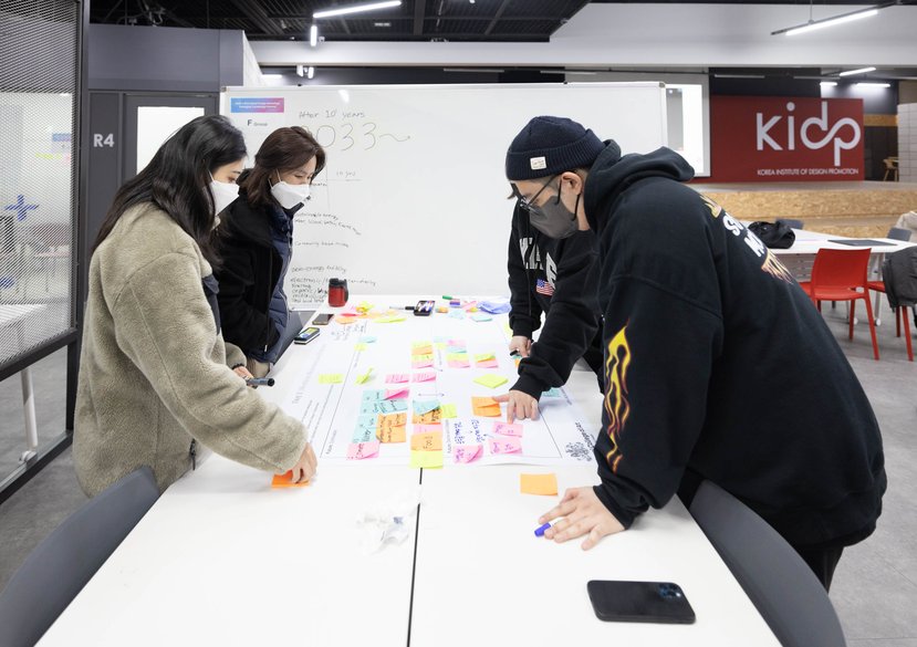 Students work in groups for a final presentation