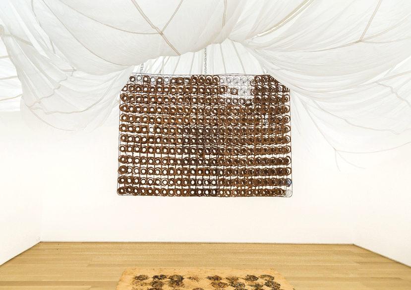 Penelope's Instrument on How to Fall to Sleep, terracotta on bed springs, 2019 (Installation shot of Eyebrows with Teeth, Marlborough, London, 2019)