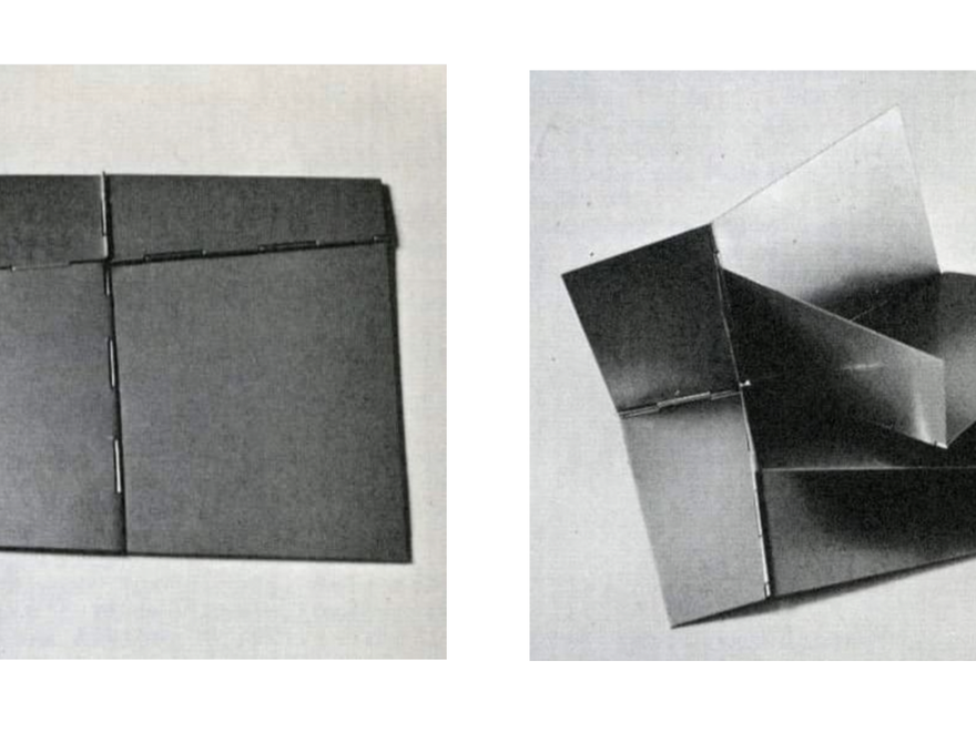 Views of a rectangular piece of material - perhaps card, perhaps a sheet of metal - with regular, geometric folds like origami