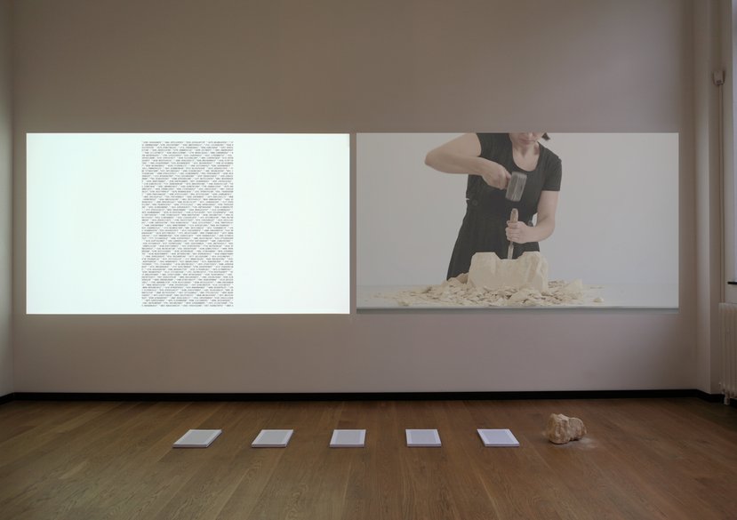 Pa.LaC.E, Space (Interference + Carving), From the project “Paris Hermitage”, 2015, (a), DIN A4 Inkjet (b), Marl Stone (c), 19:37mins, (a), 29.7 x 21cm (b), 21 x 15 x 22cm (c) HD Image.