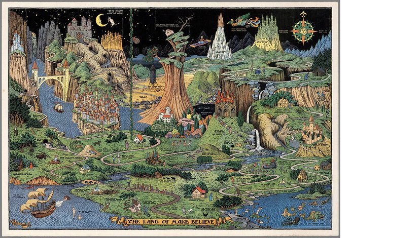 A detailed, colorful pictorial map titled "The Land of Make Believe" by Jaro Hess