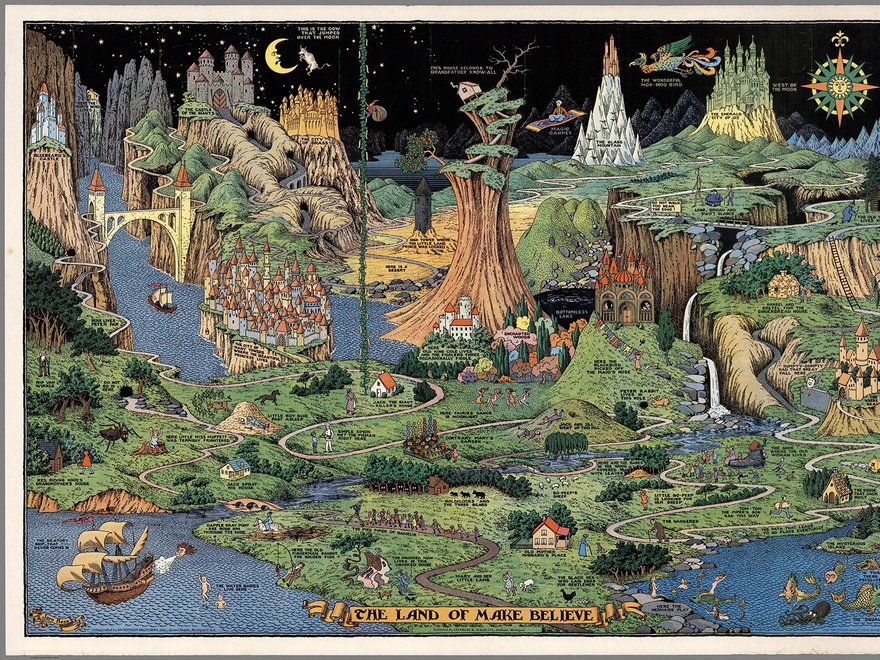 A detailed, colorful pictorial map titled "The Land of Make Believe" by Jaro Hess