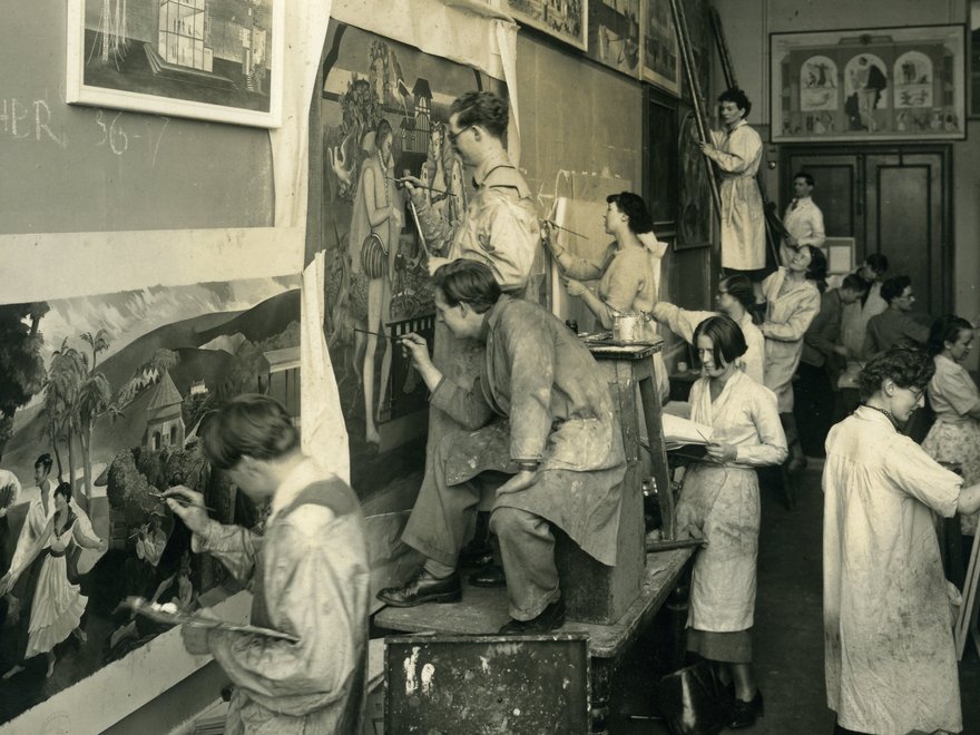 Painting students in the Mural Room, c.1936. Margery Dennis Hall collection.