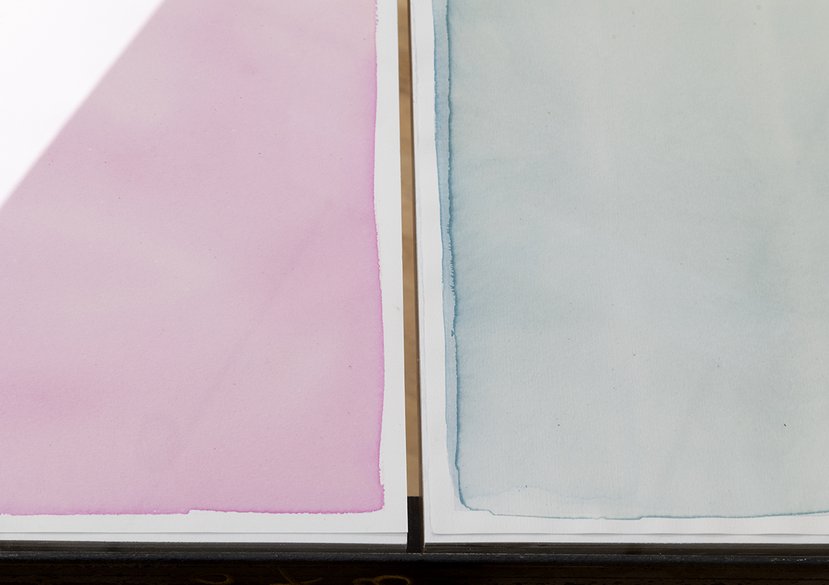 Installation view, Cyan, Magenta & Yellow Anthotypes in Steel Frame, Viva Exhibition, Retouching the Archive, Upper Gulbenkian Gallery, Darwin Building, Royal College of Art, 2024