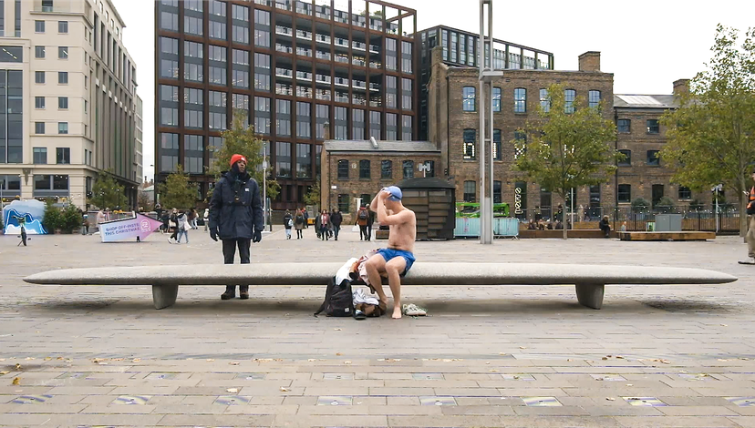 Grant Donaldson, ‘Changing Rooms’. Testing the boundaries of acceptable behaviour within privatised public space, performance in Granary Square, London ADS7 2022/23: Convivial-ism