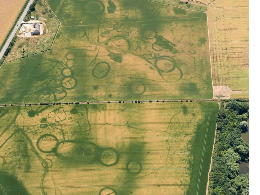 Ariel view of a field with circular pattens in the land