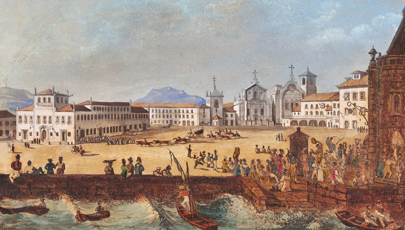 A historic painting or engraving depicting Largo do Paço (now 15th of November Square) in Rio de Janeiro, Brazil, around the early 19th century, showing a bustling waterfront square with buildings, churches, and numerous figures