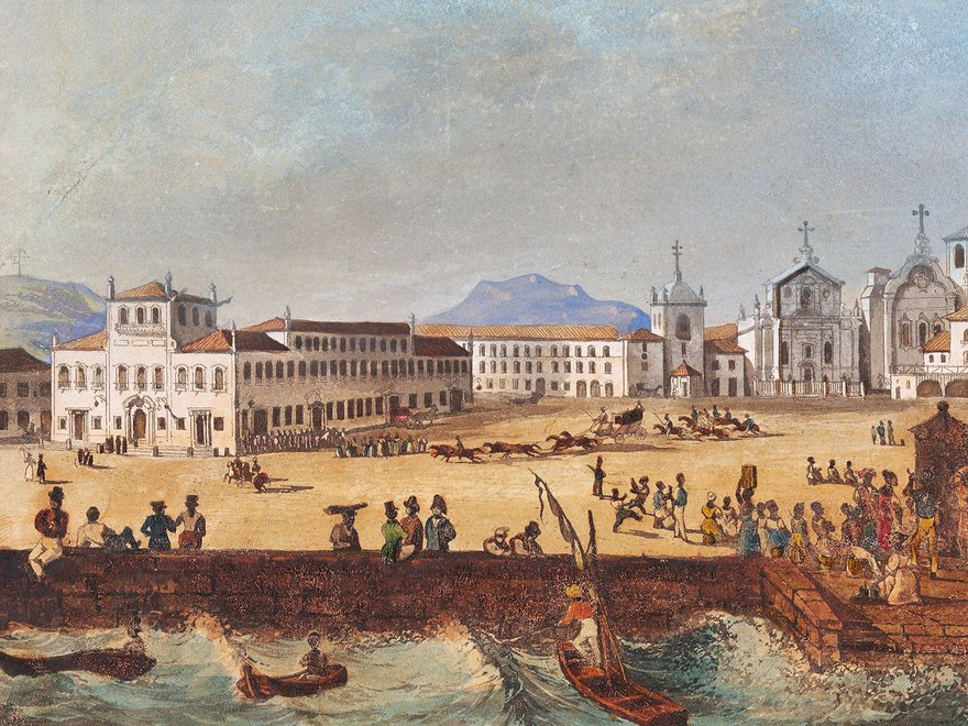 A historic painting or engraving depicting Largo do Paço (now 15th of November Square) in Rio de Janeiro, Brazil, around the early 19th century, showing a bustling waterfront square with buildings, churches, and numerous figures