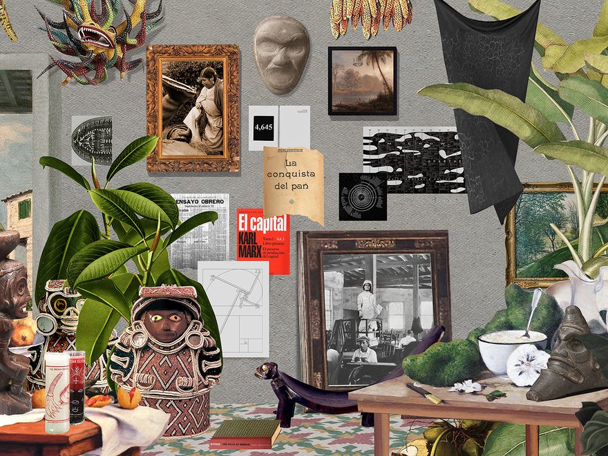 A surreal collage of plants, artifacts, framed photos, books, and masks arranged in an indoor space with rich textures.