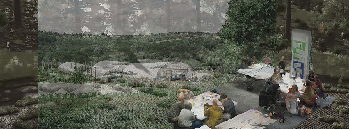Artistic render of people meeting and talking around a table in the outdoors