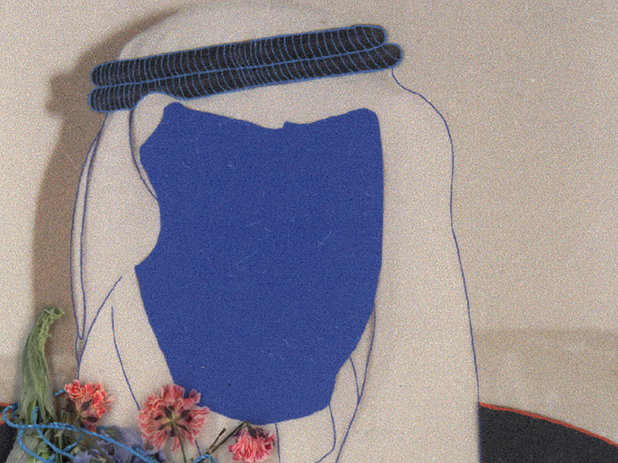 A woven image of a man with scarf and flowers