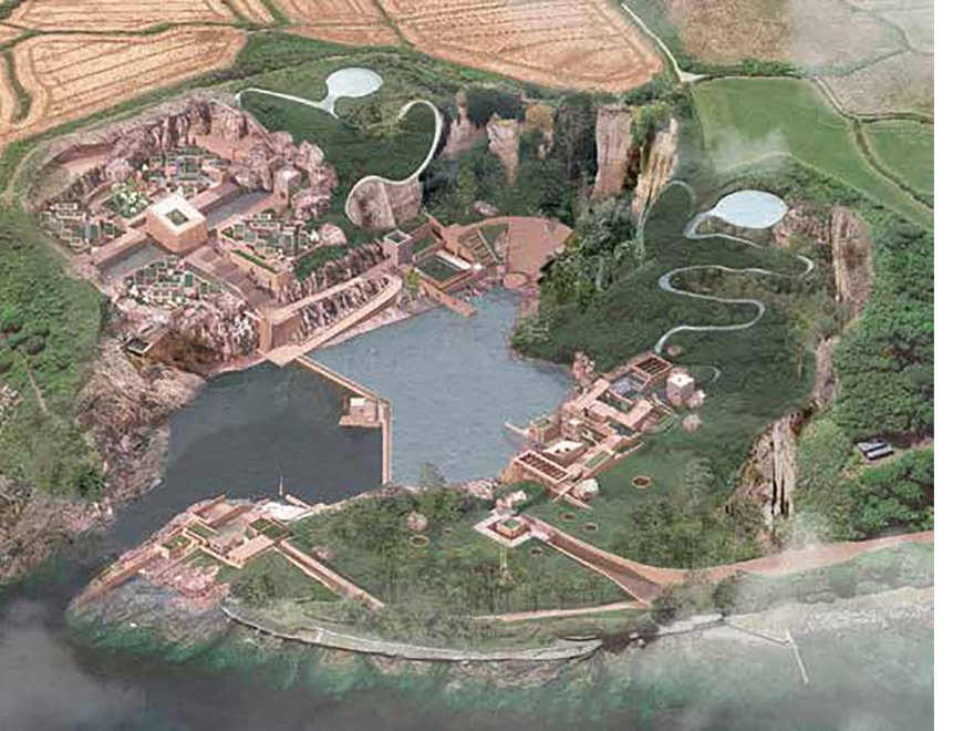 Ariel render of a town built around a harbour