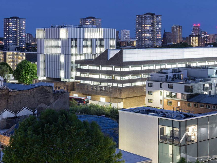 Battersea Campus photographed at night by Iwan Baan