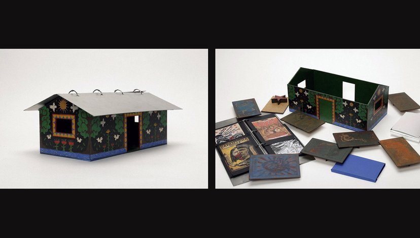 Two images side-by-side. The left image shows a fully assembled, colorful miniature house model with a gray roof and decorated walls.