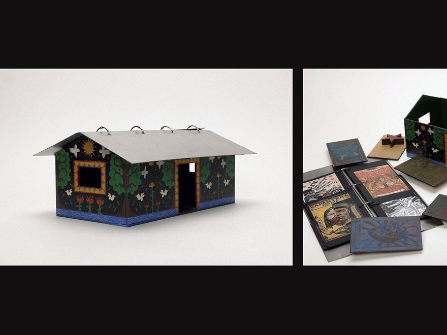 Two images side-by-side. The left image shows a fully assembled, colorful miniature house model with a gray roof and decorated walls.