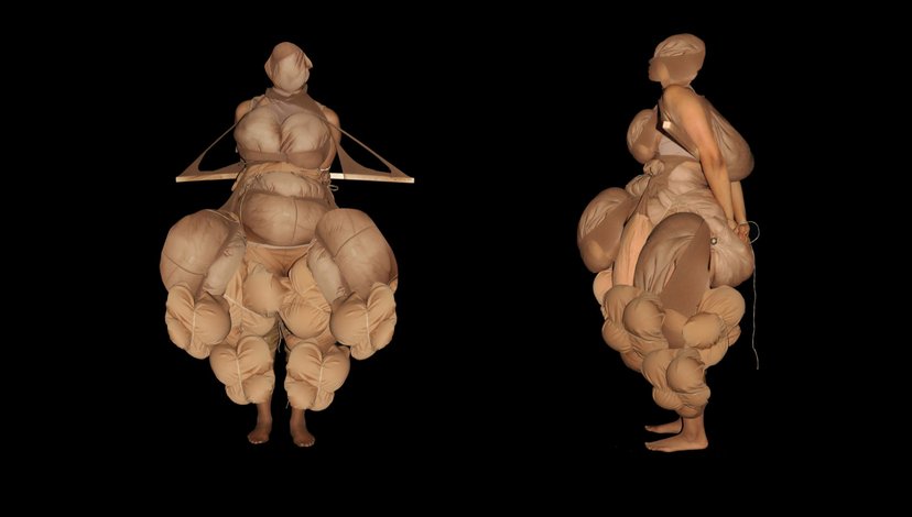 Front and side views of a figure wearing a sculptural, layered garment composed of numerous puffed, organic-shaped elements in a light, neutral color, creating an exaggerated and altered body form.