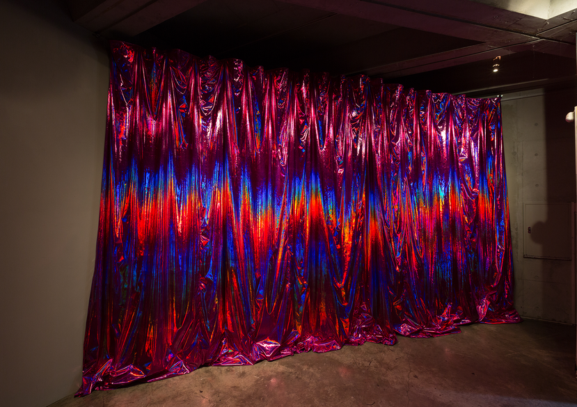 7. He Needs My Eye Looking At Him. He Needs Me To Prove He's Alive_Pink holographic fabric_355 x 800 cm_2015