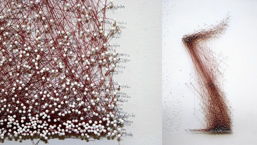 Two abstract artworks by Katie Lewis, both featuring intricate arrangements of red threads and white pins on a light background.