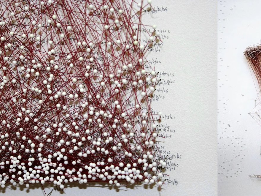 Two abstract artworks by Katie Lewis, both featuring intricate arrangements of red threads and white pins on a light background.