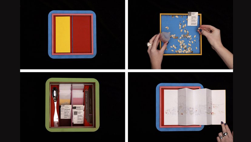 A four-panel image showing the steps of preparing a bento-style meal kit or craft project kit.