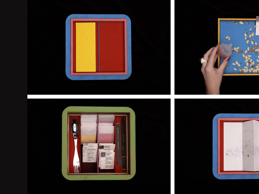 A four-panel image showing the steps of preparing a bento-style meal kit or craft project kit.