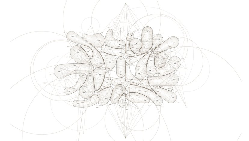 An abstract, organic-looking structure composed of interconnected, light-colored, rounded shapes resembling cells or bubbles, with faint, intricate lines and arcs extending outward on a light grey background.